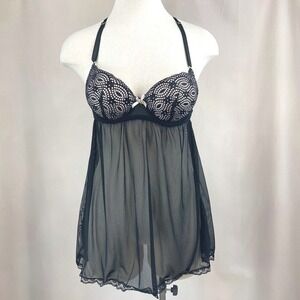 Y2K|Daisy Fuentes| Black (M) Push Up Babydoll Bustier Crochet Sheer Lingerie‎